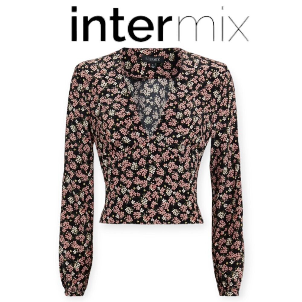 INTERMIX 100% Silk Black Floral V-Neck Blouse Petite Small Long Sleeve Bow Back